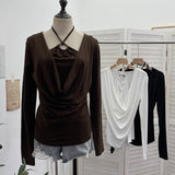Real Shooting Explosion Hanging Neck Hollow Two Collar Long-Sleeved T-Shirt Folded Bottom Shirt 2769