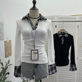 Vintage Check-In Polo Collar Spliced Long-Sleeved T-Shirt Grinder Slimy Wrinkle Bottom Shirt 1390