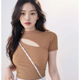 2025 Thai Babes On The Chest Slanted Round Collar Top Women's Summer Short High-Waisted Umbilical Short-Sleeved T-Shirt