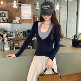 Lyselle Tiansi Small Design Fake Two Hanging Neck Long-Sleeved T-Shirt Women 2025 New Early Autumn Single Wear Clothes