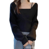Design Sense V-Neck Fake Two Short Knitted Shirt Girls Beware Of The Machine Collar Bone Thick Sweater Long-Sleeved Top