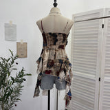 Real Shoot Hottie Design Lace Splicing Dizzy Oil Painting Irregular Ribbon Sleeve Sleeveless Top 1208