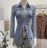 À±tie Denim Yarn Print Long Sleeve Open Shirt Hook Buckle Short Repair Body Dress 1293