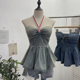 Real Shot With Chest Cushion Denim Sling Vest With Bow Hanging Neck Short Twiping Boat Blouse Woman 2611