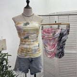 Thai-Style Splash Ink Dye Mesh Wrap Chest Vest Irregular Stacked Folded Sleeveless Top 9950
