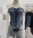 Sexy Square Collar Mesh Spliced Denim Strapped Belted Blouse Design With A Short T-Shirt 2230