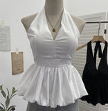 French Retro Hanging Neck Tie With Bare Back Sling Skirt Folded Short Sleeveless Top Woman 9225