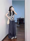 Lazy Commuting Leisure Sports Suit Women's Summer Slanted Shoulders Short-Sleeved T-Shirt Loose Lattice Broad Leg Pants Two-Set