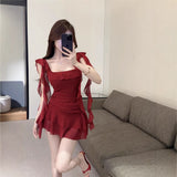Red Irregular Sling Dress Dress Summer New Temperament Sexy Folds To The Waist Lotus Side Short Skirt Woman