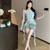 Thailand Southeast Asia Lotus Leaf Hanging Neck Sling Small Vest Girl Body Irregular Pure Desire Short Coat Outside Wear