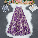 Printed Folded A-Word Half-Dress Girl's Long-Term Loose Waist 100-Fold Skirt Literary Retro Style Dress Swing