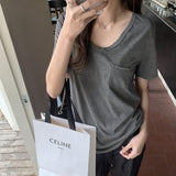 Simplicity Ins Shoulder White Short-Sleeved T-Shirt Girl 2025 Spring And Summer New Design Lazy Loose Pocket Top