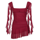Red Lotus Leaf Side Tie Dress Women Summer Folding Skirt Sweet Hot Girl Waist A Short Skirt