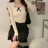 Sweet Three-Dimensional Bow Bow Collar Long-Sleeved Knitted Shirt Women Autumn New Design Sense Of Beauty To Put On The Top