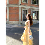 French Yellow Floral Dress Small Sling Dress Women's Summer New Atmosphere Commuting Temperament Long Skirt