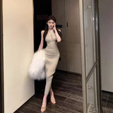 Temperament Cross-Hanging Neck Dress Woman Spring Hottie Knitted Skirt Female Sexy Tight Ass Long Dress