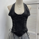 Real Shooting Cowboy Hanging Neck Sling Vest Punk Hollow Strap Y2k Hottie Sleeveless Short Repair Body Dress 835