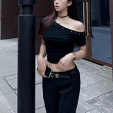 Spice Girls Slant Shoulder Rivet Design Short Sleeve T-Shirt Women's Summer Small High Sensing Black Slim-Sleined T-Shirt