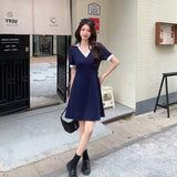 2026 New Large-Size Blue V-Neck French Waist Polo Dress Women's Summer Dress Fat Mm Thin