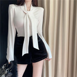 2026 Korean Version Of Simple To Wear Pure Temperament Tight Short V Tie With Long-Sleeved T-Shirt Slimming Top
