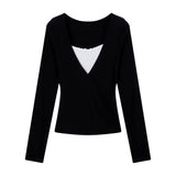 Vintage Black V-Necked Two Long-Sleeved T-Shirt Women In Early Autumn Slimming Inside The Bottom Of The Leisure Blouse Tide