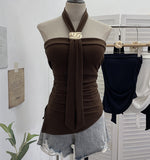 Real-Shooting Thai Hottie Chest Vest Metal Decoration Hanging Neck Folding Irregular Opening Top 9292