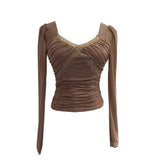 Pure-Want Wind Belt Chest Mat Lace Splicing Mesh Yarn Long-Sleeved T-Shirt Short Slim Top 2673