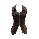 Vintage Metal Double Buckle Elastic Repair Waist Zipper Shirt Over-Necked Short Vest Vest 6295