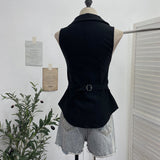 Vintage Metal Double Buckle Elastic Repair Waist Zipper Shirt Over-Necked Short Vest Vest 6295