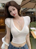 Pure Lust Wind V-Neck Short-Sleeved T-Shirt Female Net Red Anchor Want To Be Squee-Bossed Design Sense Unique Beauty Short Shirt