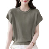 2026 Round Collar Summer New Large Size Women's Loose Knitted Shirt Short-Sleeved Fat Mm Thin Top