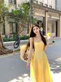 Summer French Temperament To Collect Waist Thin A Dress Seaside Dress Gentle Wind Yellow Hanging Dress Woman
