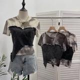 Stylish Denim Splicing Dizzy Mesh Yarn Short-Sleeved T-Shirt Girl Summer Body Short Small Blouse 26171