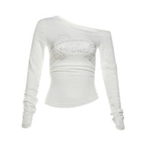 Letters Hot Diamond Collars With Long-Sleeved T-Shirts For Women's Folds Slimy Hottie Tops