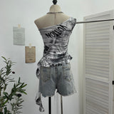 Real Shooting Street Hottie With Chest Pads With Chest Pads To Wear Chest Vest Print Irregular Short-Term Collection Waist One Shoulder Sleeveless Top 9276