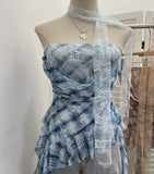 Real Shot Lace Ribbon Splicing Necking Yarn Tector Bosom Vest Irregularly Repair Short Sleeveless Top 8158