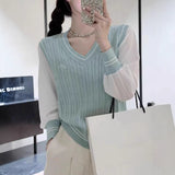 Vintage Mahjong Flower Short V-Neck Knitted Sweater Vest Vest Women Spring And Autumn Folding Over The Outside Of The College Style Top