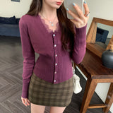 Beautiful Lace Splicing V-Neck Knitted Cardigan Sweater Women's Autumn Commute New Short Top