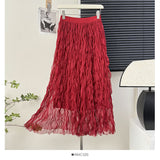 French Wave Roll Folding Fall Flowing High-Waist Thin Net Yarn Half-Dress Woman Summer Vacation Fairy Beach Dress