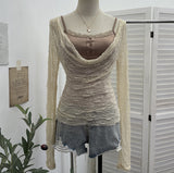 Two Sets Of Collar Hole Sun Hood T-Shirt Long-Sleeved T-Shirt + Short-Sling Sling Sling Vest Woman 23205