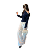This Year's Popular High-End Feeling Button Inclined Shoulder Long-Sleeved T-Shirt Woman 2025 New Early Autumn Chic Chic Dew Shoulder