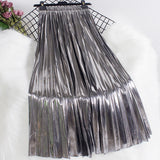 Metal Bright Reflective Skirt New Station High Waist Thin 100-Fold Skirt Mid-Long Half-Dress Woman