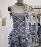 Real Shooting Retro Tie-Dye-Print Mesh Sling Sling Sling Vest Irregular Lotus Leaf Edge Ribbon Sleeveless Top 1185