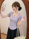 Sweet Purple Collar Folded Waist Short-Sleeved T-Shirt 2026 Summer New Slimming Hottie Short Top