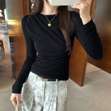Lyselle's Silk Wool Folds Back-Round-Neck Long-Sleeved T-Shirt For Women's Commute To The New Autumn Top