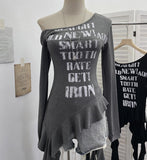 Real Shooting Guangzhou Women's Hottie Irregular Ribbon Shoulder-Swear Long-Sleeved T-Shirt Top 8105