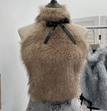Real-Shooting Bow Hair Spliced Hanging Neck Vest Women In Autumn And Winter With Sleeveless Outside Wearing Short Babes Top 9309