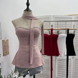 Real Shoot Drilling Hanging Neck Ribbon Slings Slings With Bra Cushions In The Shoulder Sleeveless Top 9291