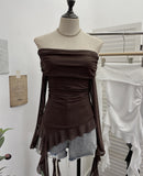 Real Shot A Word Shoulder Folded Top Girl Spring And Summer Side-Sleeve Strap Design French Long-Sleeved Mesh T-Shirt 9275