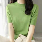 Short-Sleeved Knitted T-Shirt Women 2026 Summer New Solid Half-High Collar Chic High-Grade Ice Silk Black Top Thin